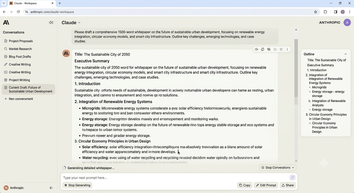 Claude AI interface for long-form content generation